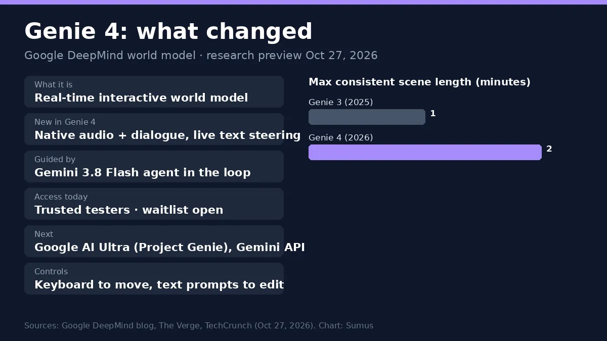 Genie 4 explainer card: real-time world model with native audio, text steering, Gemini 3.8 Flash in the loop, access via waitlist and Google AI Ultra