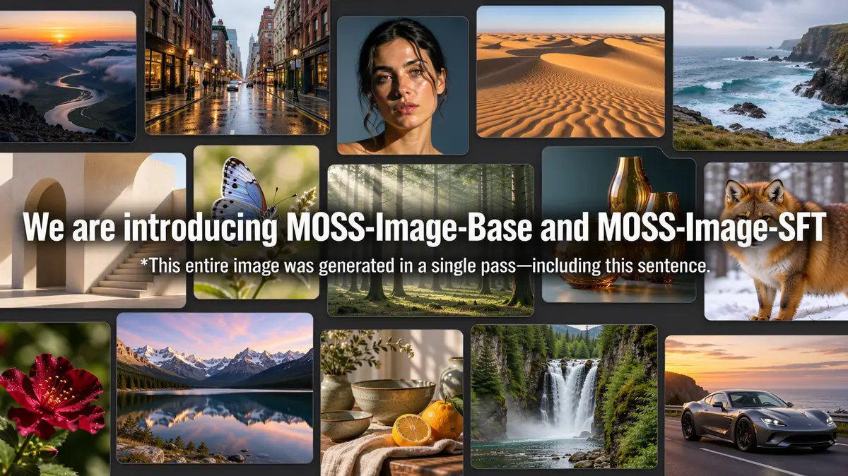 Official MOSS-Image showcase: generated posters, infographics and photos with dense English and Chinese text